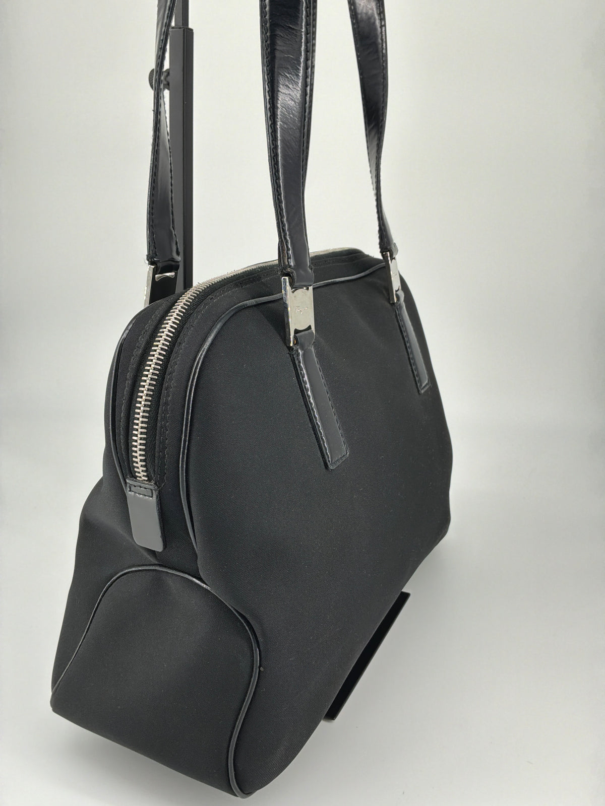 Salvatore Ferragamo Logo Plate Nylon & Leather Shoulder Tote Bag – Black
