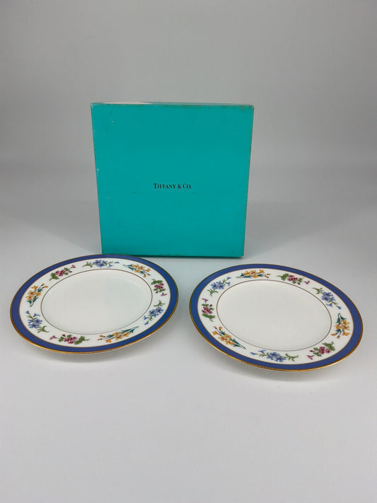 Tiffany & Co. Floral Porcelain Saucer Set – Cobalt Blue Border, Set of 2