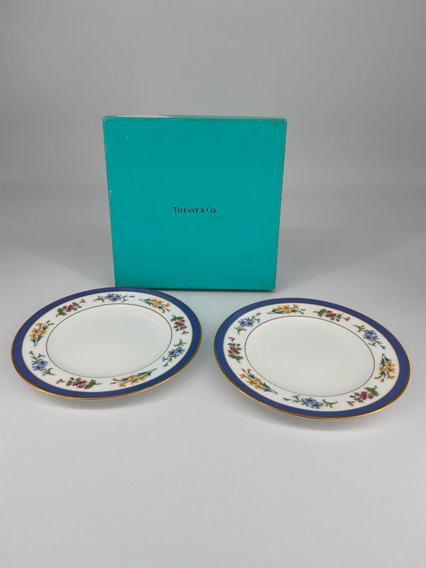Tiffany & Co. Floral Porcelain Saucer Set – Cobalt Blue Border, Set of 2