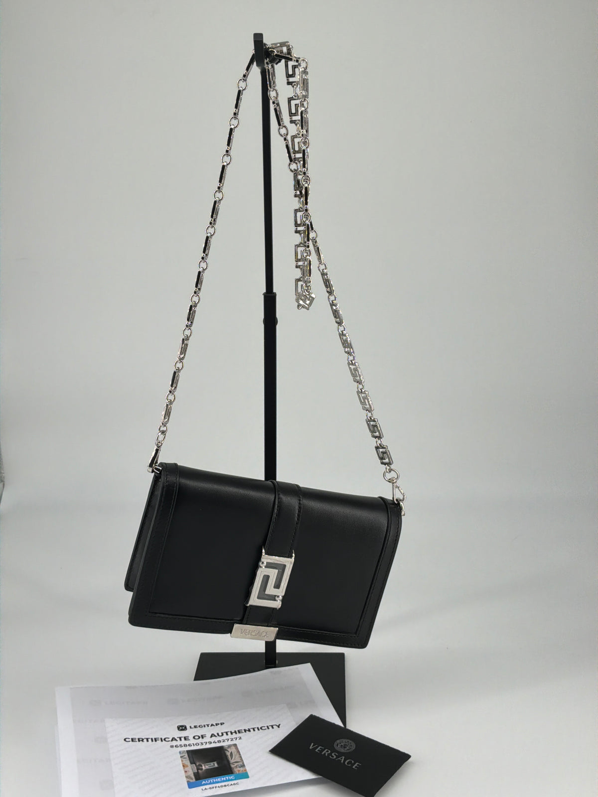 Versace Greca Goddess Chain Flap Shoulder Bag – Black Leather, New