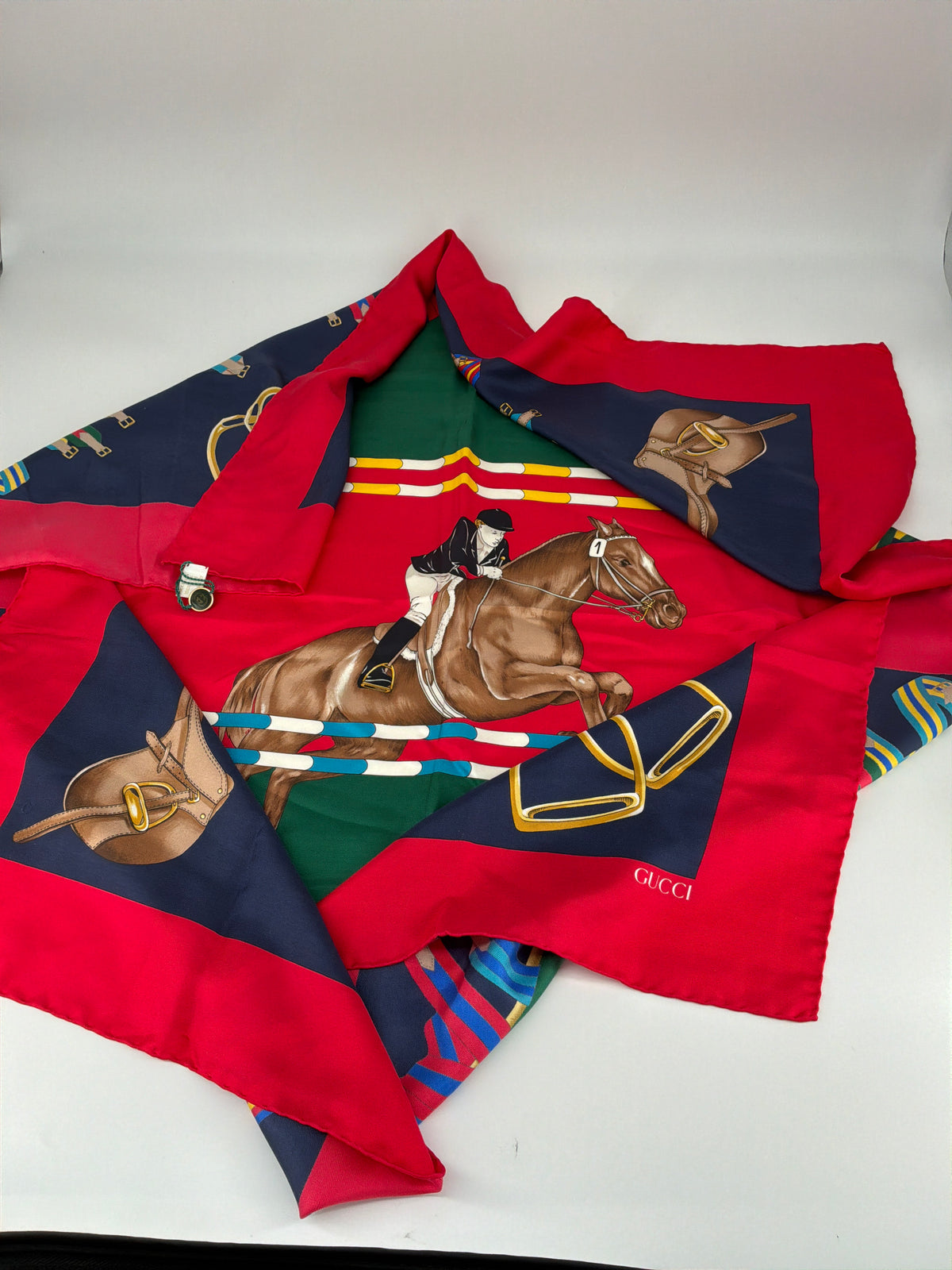 Gucci Vintage Equestrian Horse and Jockey Printed Silk Scarf – Red & Navy