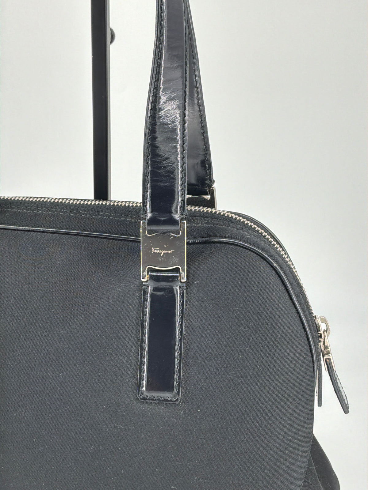 Salvatore Ferragamo Logo Plate Nylon & Leather Shoulder Tote Bag – Black