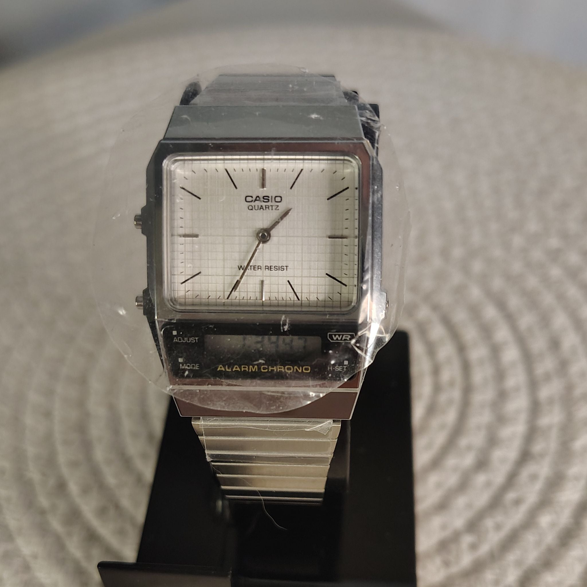 Casio Vintage Ana-Digi Watch | Brand New | Silver Stainless Steel & White Grid Dial