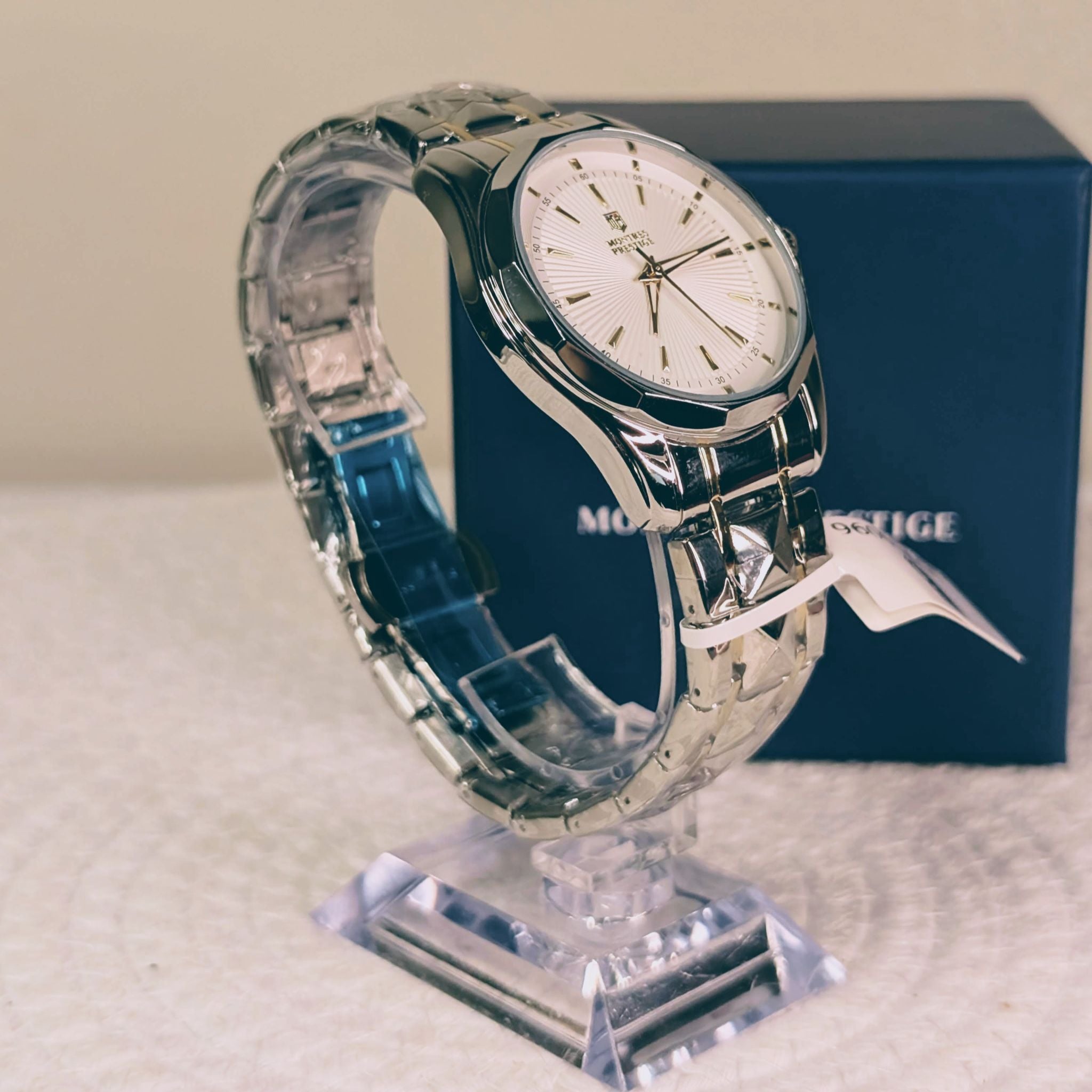 Montres Prestige MPW-0096 41mm White Sunburst Dial Silver-Tone Watch NIB