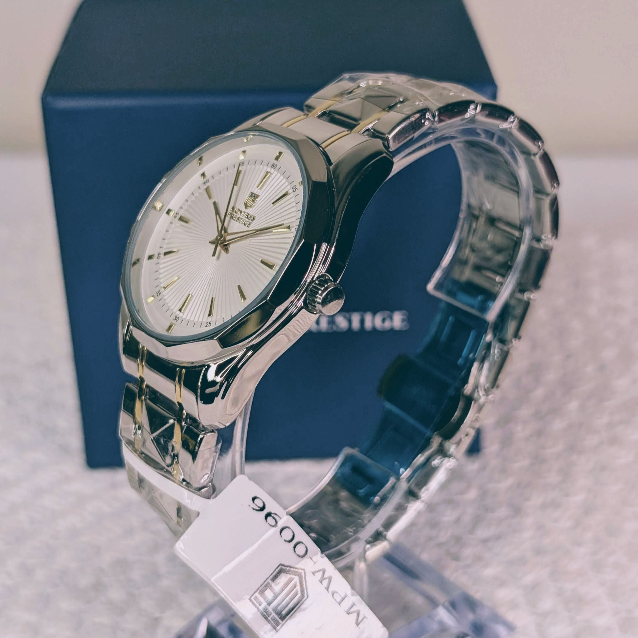 Montres Prestige MPW-0096 41mm White Sunburst Dial Silver-Tone Watch NIB