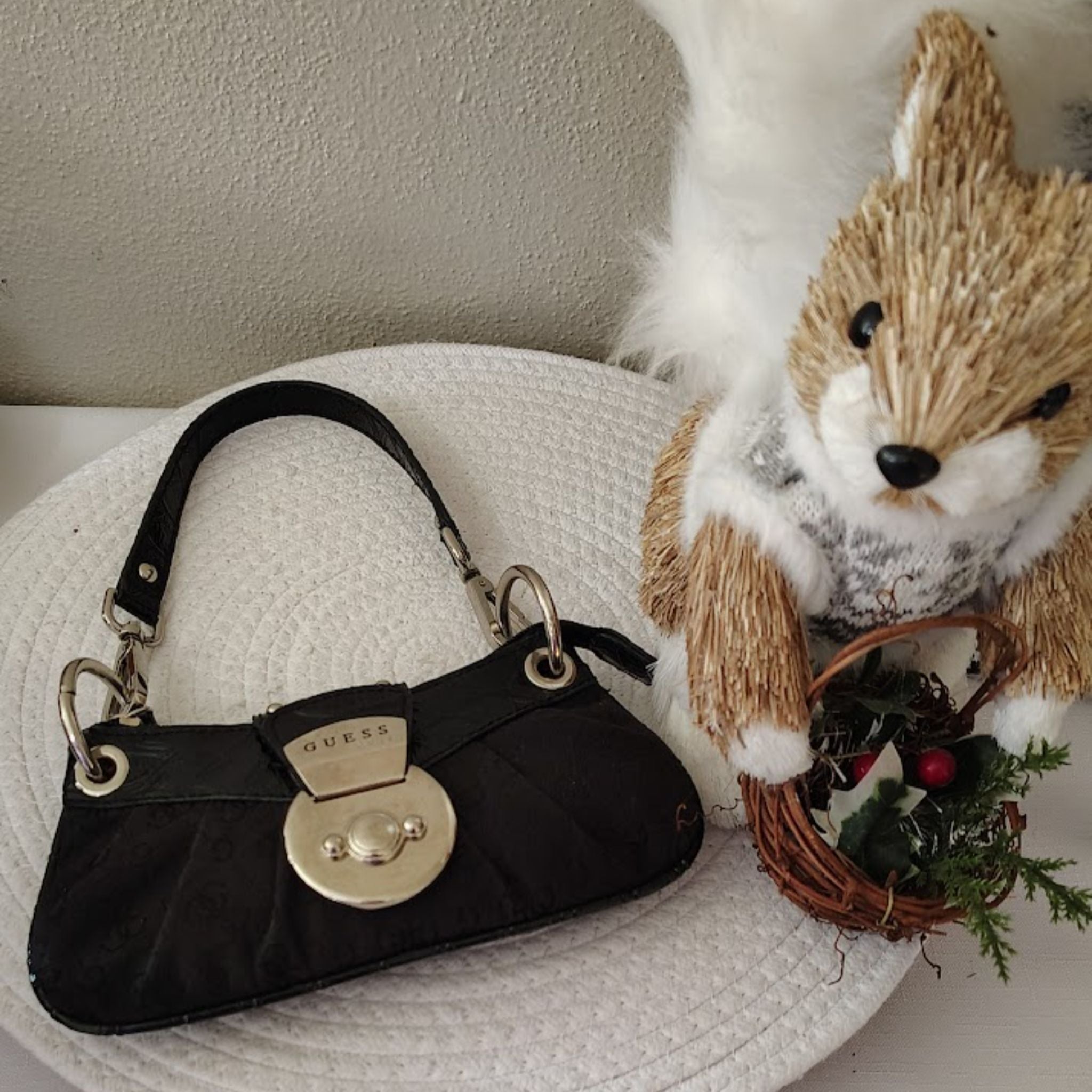 Vintage GUESS Mini F-1 Monogram Baguette Handbag - Black Textile Silver - Rank SA