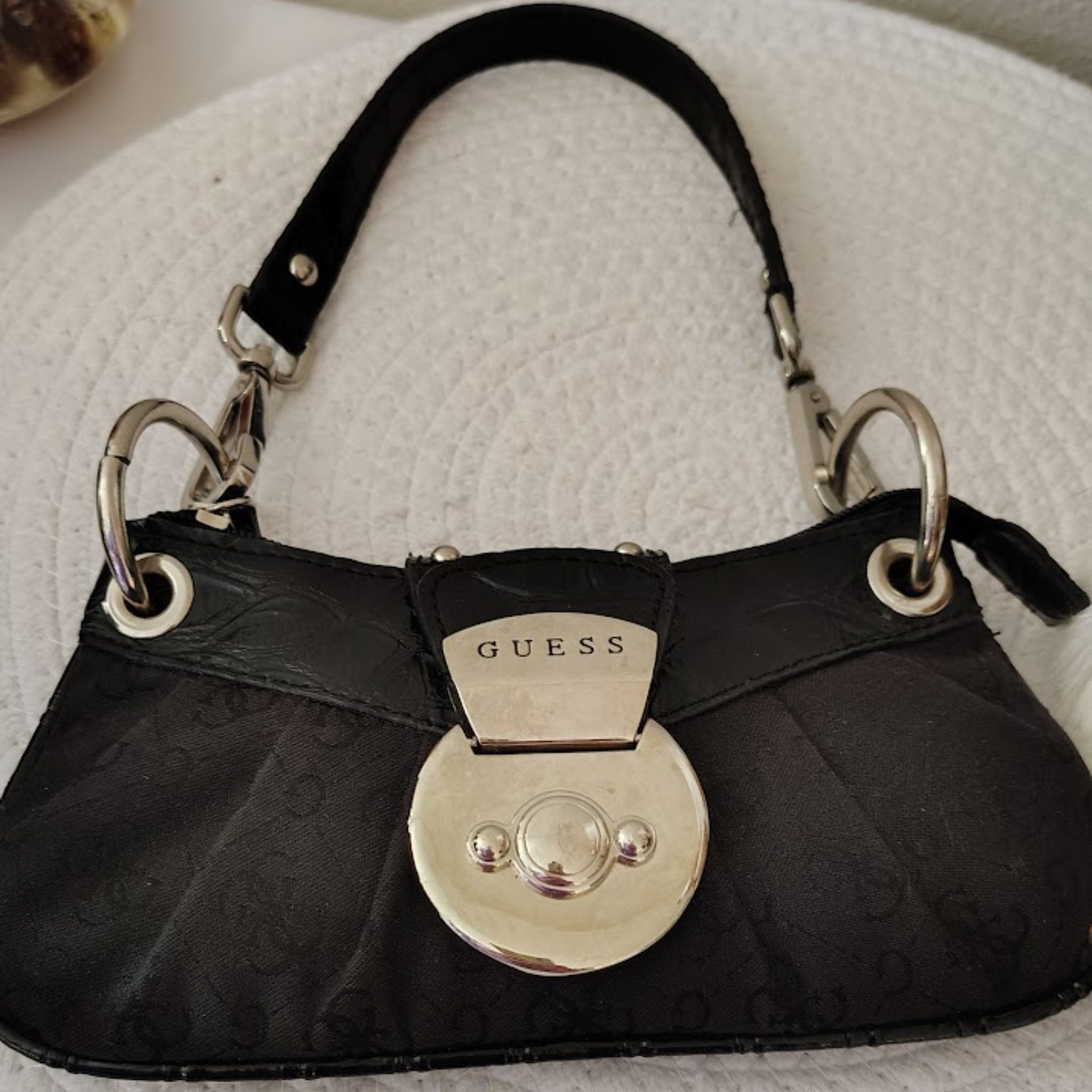 Vintage GUESS Mini F-1 Monogram Baguette Handbag - Black Textile Silver - Rank SA