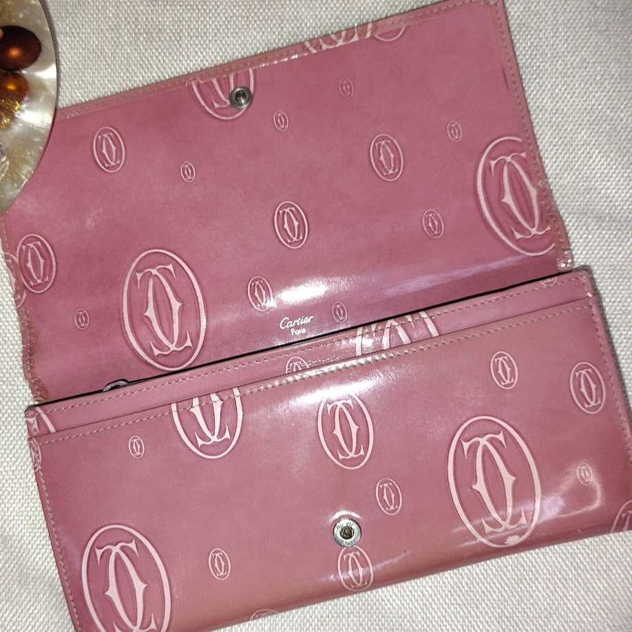 Cartier Happy Birthday Pink Patent Leather Continental Wallet Original COA Card