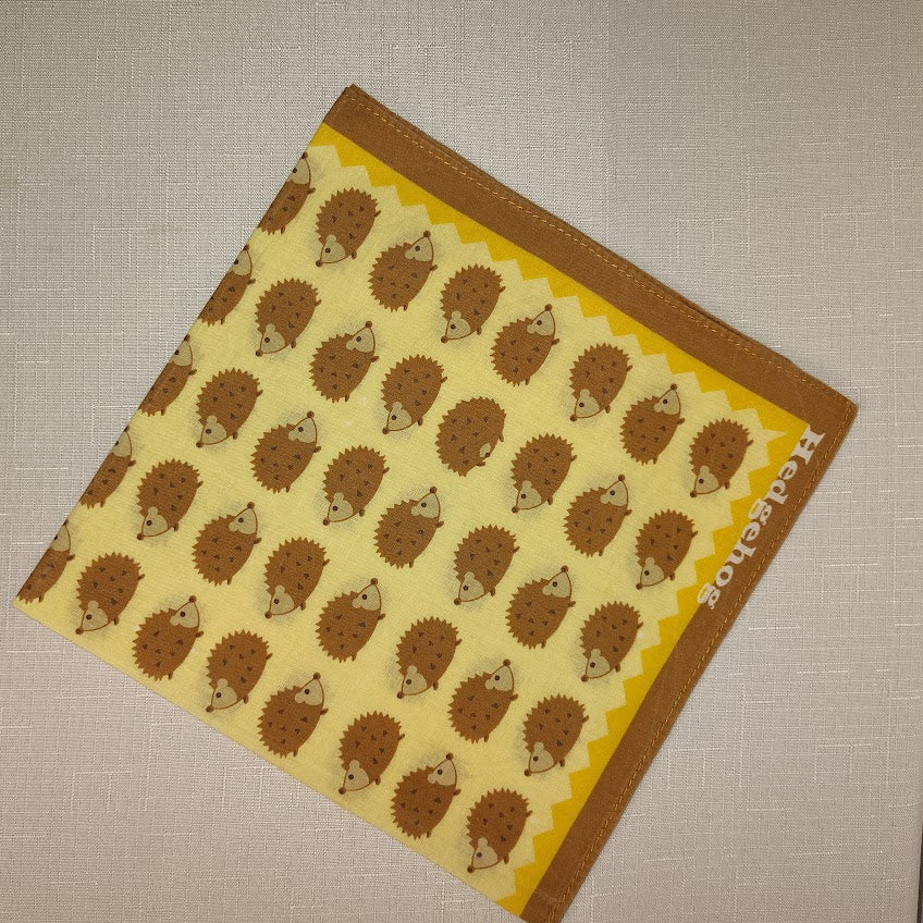 Vintage Japanese Hedgehog Motif Scarf - Mustard Yellow & Brown