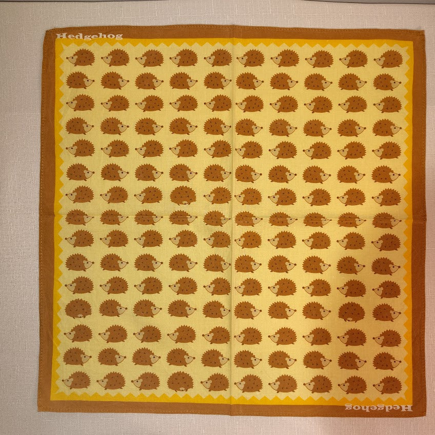 Vintage Japanese Hedgehog Motif Scarf - Mustard Yellow & Brown