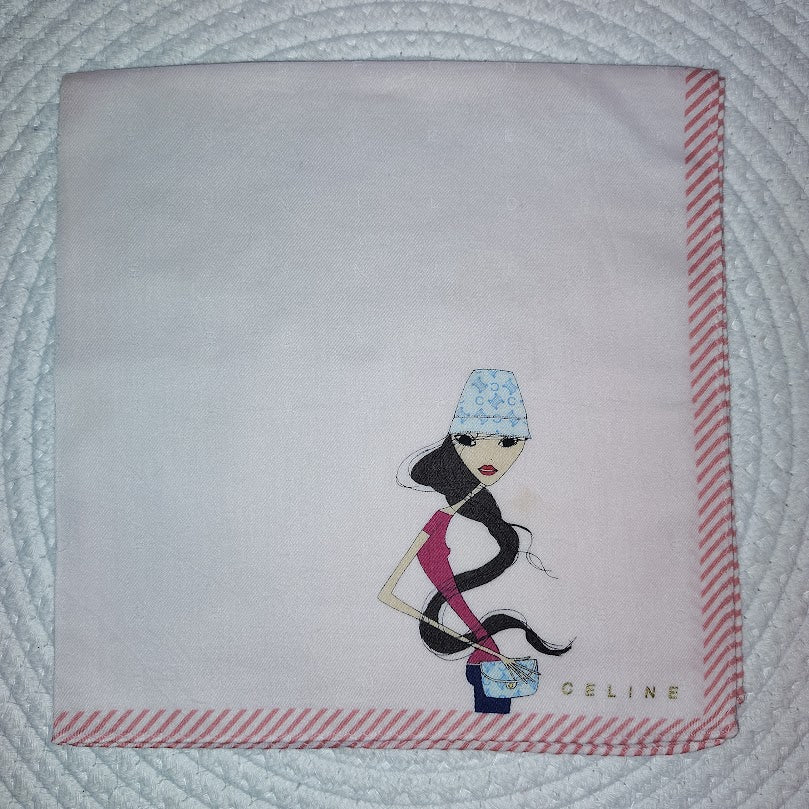 Vintage CELINE Paris Pink Striped Cotton Handkerchief Scarf Graphic Art Girl Y2K #151