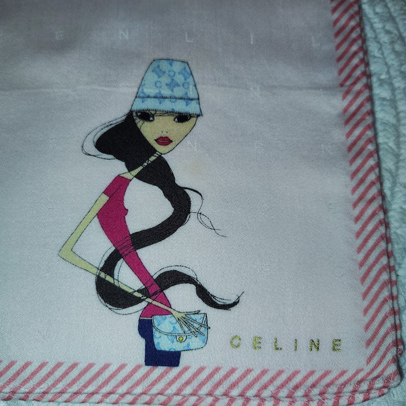 Vintage CELINE Paris Pink Striped Cotton Handkerchief Scarf Graphic Art Girl Y2K #151