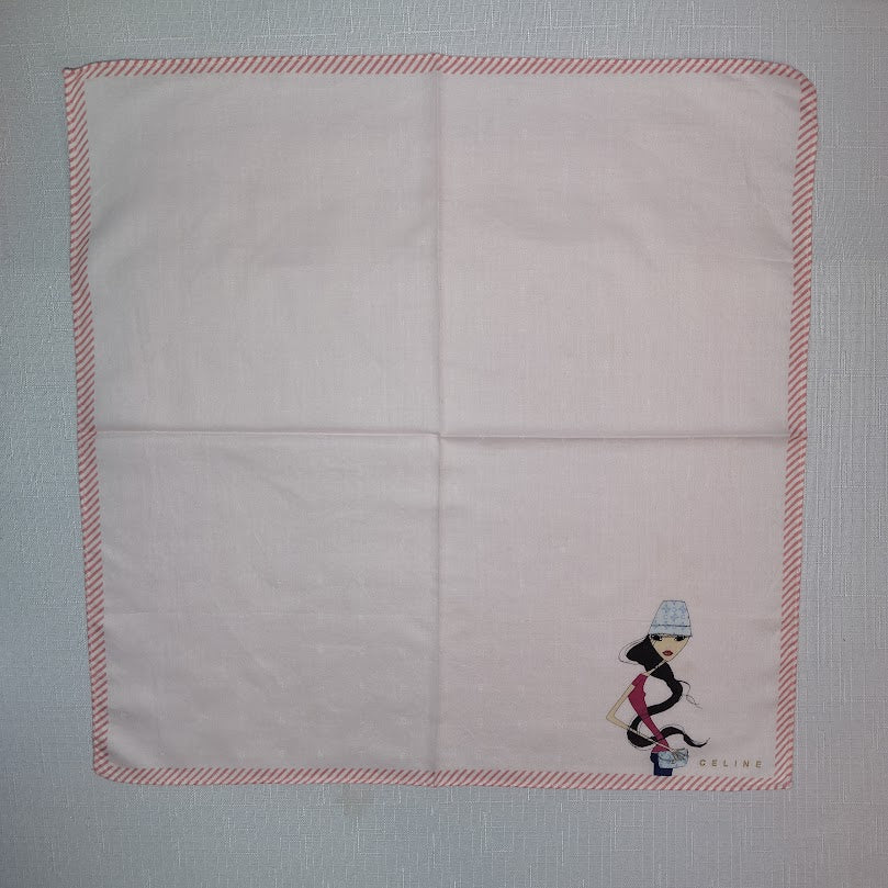 Vintage CELINE Paris Pink Striped Cotton Handkerchief Scarf Graphic Art Girl Y2K #151