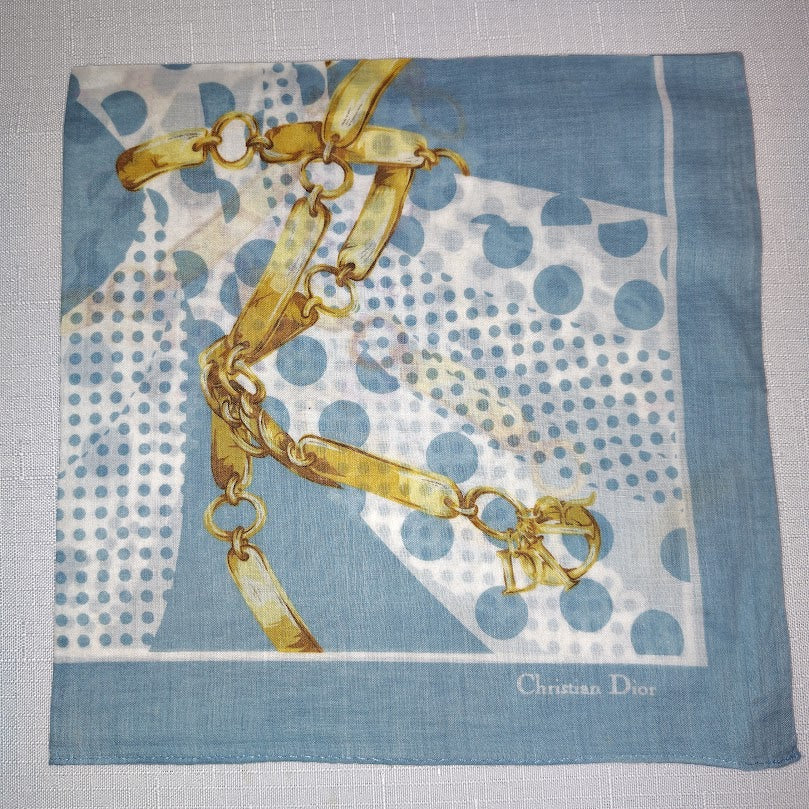 Vintage CHRISTIAN DIOR Blue Polka Dot Cotton Scarf Gold Chain CD Charm Graphic #156