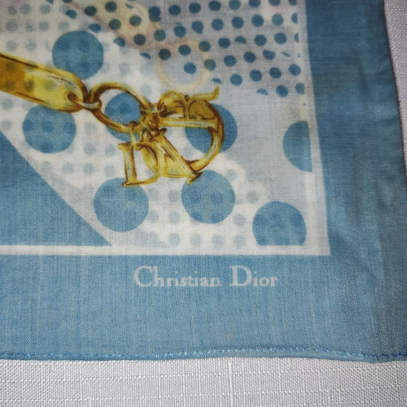 Vintage CHRISTIAN DIOR Blue Polka Dot Cotton Scarf Gold Chain CD Charm Graphic #156