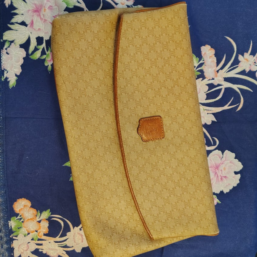 CELINE VINTAGE MACADAM CLUTCH BAG TRIOMPHE LOGO BEIGE CANVAS LEATHER ITALY