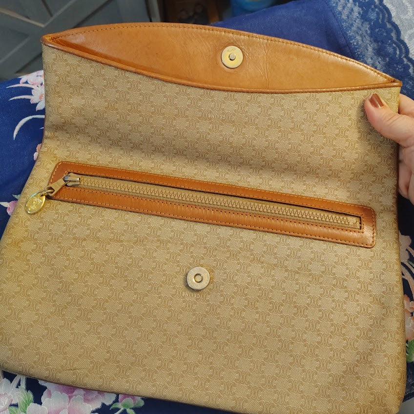 CELINE VINTAGE MACADAM CLUTCH BAG TRIOMPHE LOGO BEIGE CANVAS LEATHER ITALY