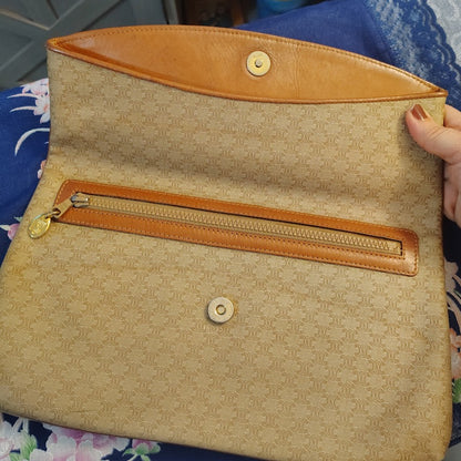 CELINE VINTAGE MACADAM CLUTCH BAG TRIOMPHE LOGO BEIGE CANVAS LEATHER ITALY