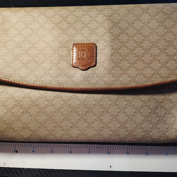 CELINE VINTAGE MACADAM CLUTCH BAG TRIOMPHE LOGO BEIGE CANVAS LEATHER ITALY