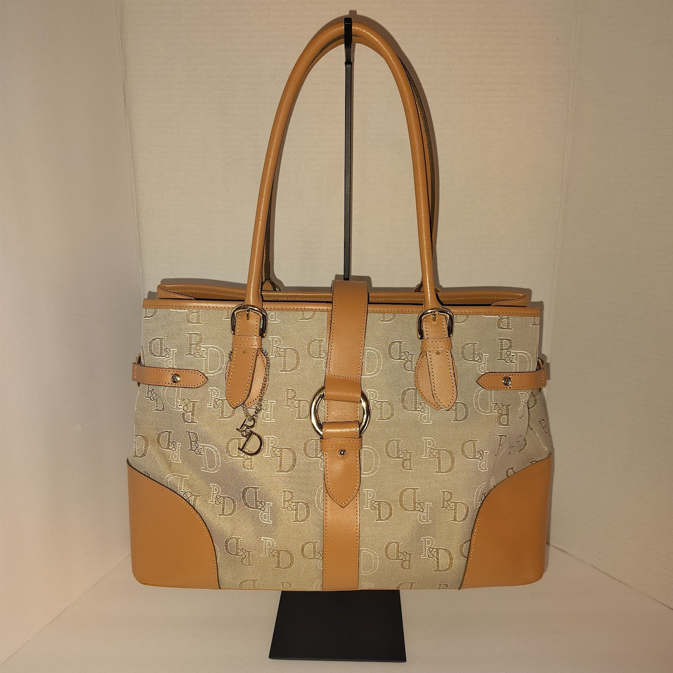 Pinky Dianne Monogram Canvas Tote Bag Tan Leather Trim Gold Hardware PD Charm