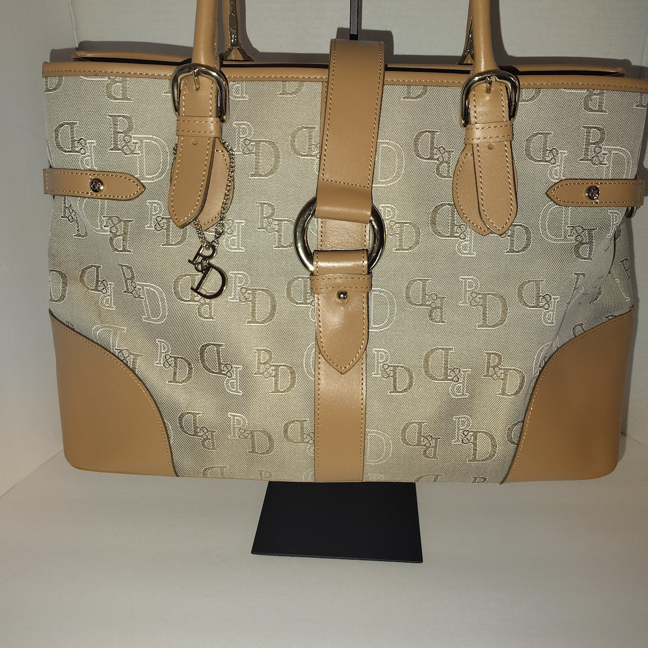 Pinky Dianne Monogram Canvas Tote Bag Tan Leather Trim Gold Hardware PD Charm