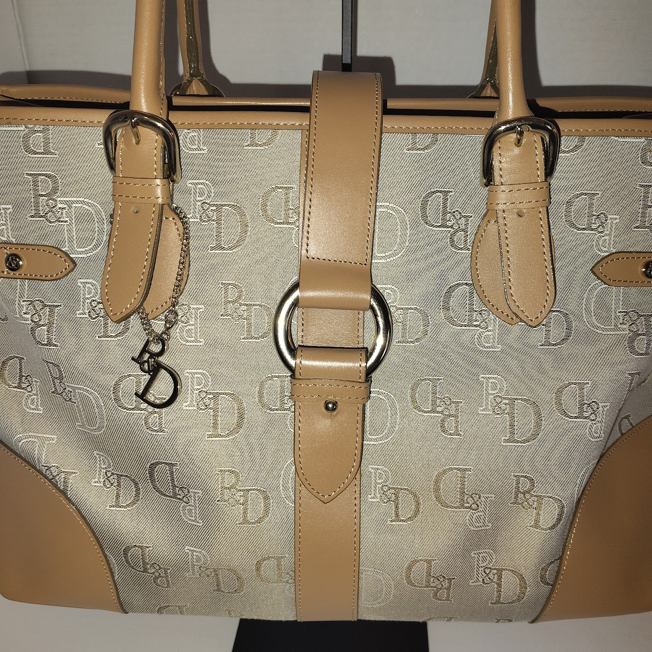 Pinky Dianne Monogram Canvas Tote Bag Tan Leather Trim Gold Hardware PD Charm