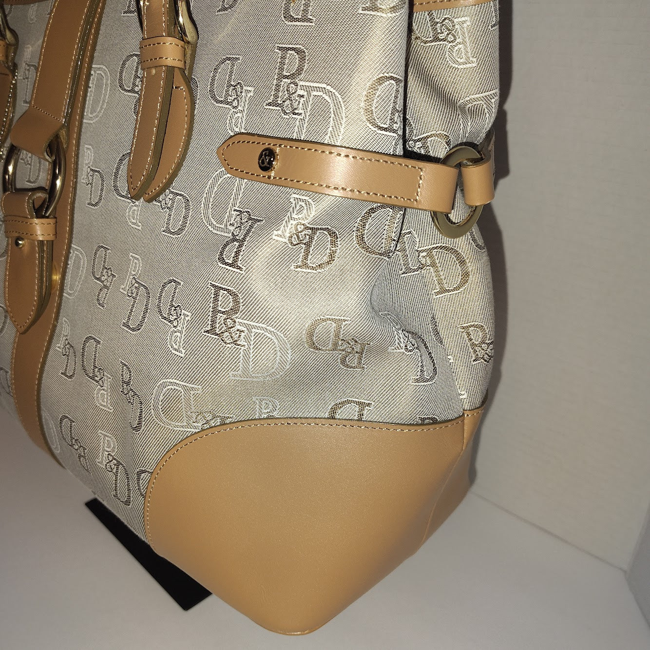 Pinky Dianne Monogram Canvas Tote Bag Tan Leather Trim Gold Hardware PD Charm