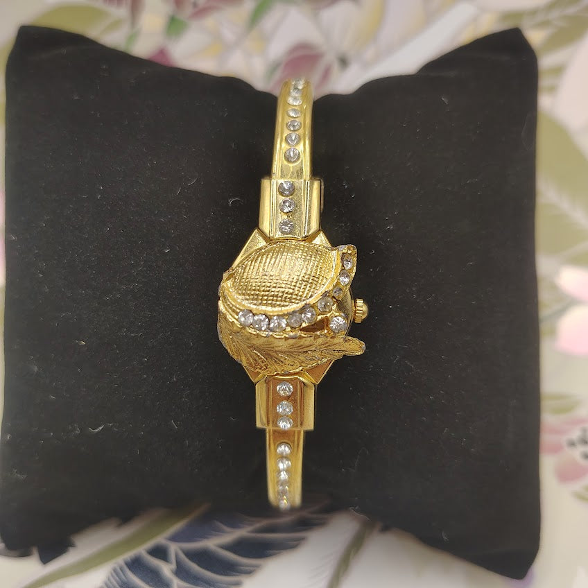 Vintage Allante Gold Tone Hidden Face Bangle Watch Rhinestone Floral Cover Japan