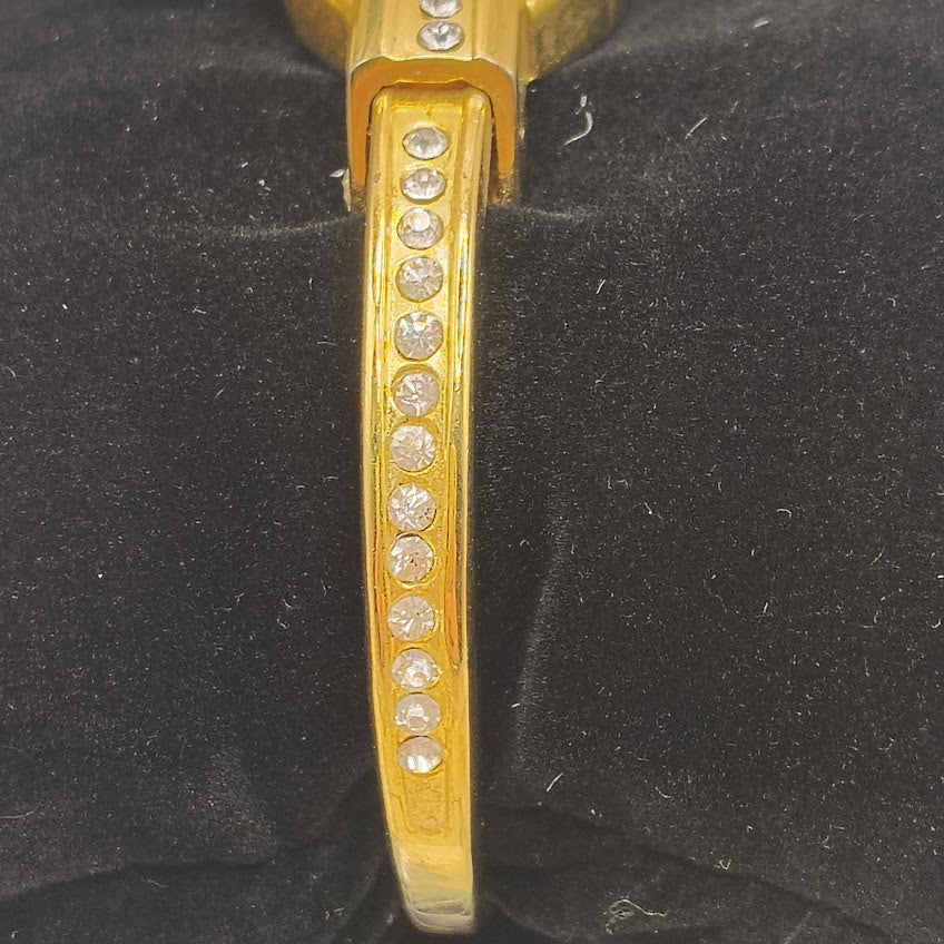 Vintage Allante Gold Tone Hidden Face Bangle Watch Rhinestone Floral Cover Japan