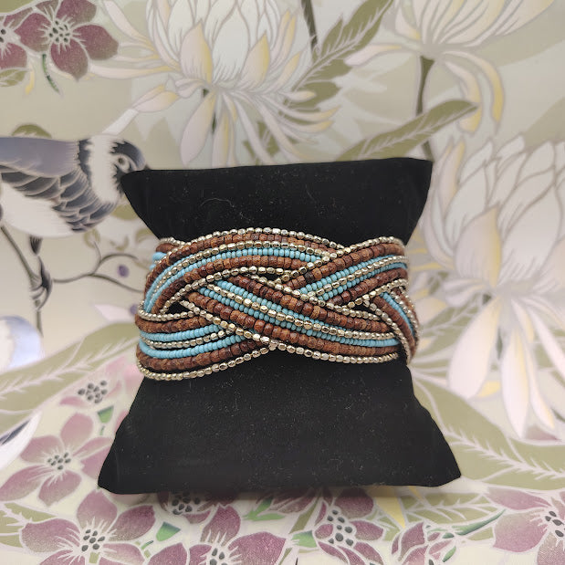 Vintage Bohemian Multi-Strand Braided Seed Bead Cuff Bracelet Turquoise Brown Gold #14