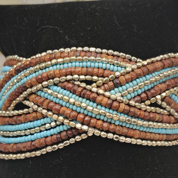 Vintage Bohemian Multi-Strand Braided Seed Bead Cuff Bracelet Turquoise Brown Gold #14