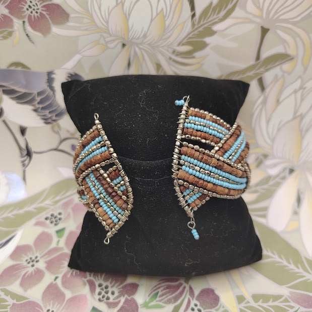 Vintage Bohemian Multi-Strand Braided Seed Bead Cuff Bracelet Turquoise Brown Gold #14