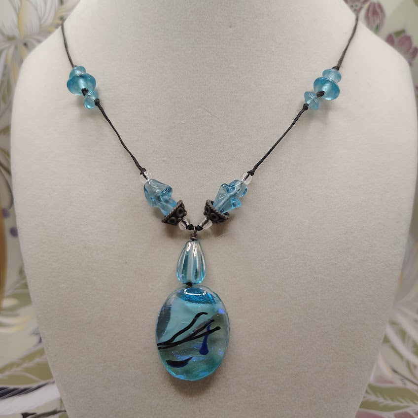 Vintage Artisan Blue Art Glass Pendant Necklace 22" Dichroic Foil Lampwork Bead #15