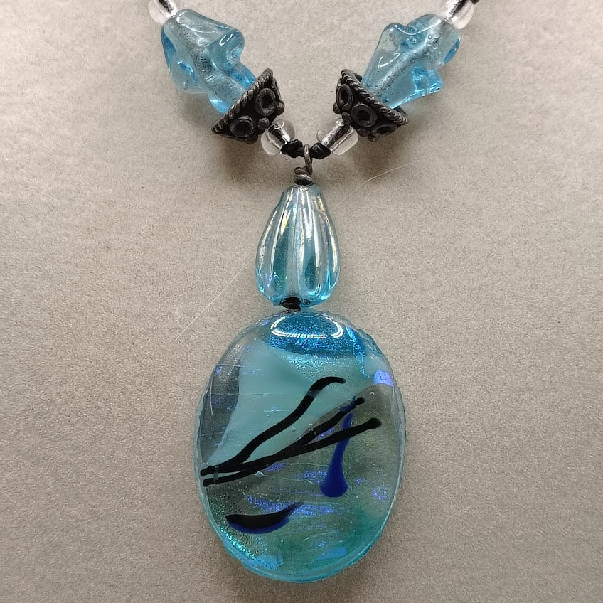 Vintage Artisan Blue Art Glass Pendant Necklace 22" Dichroic Foil Lampwork Bead #15