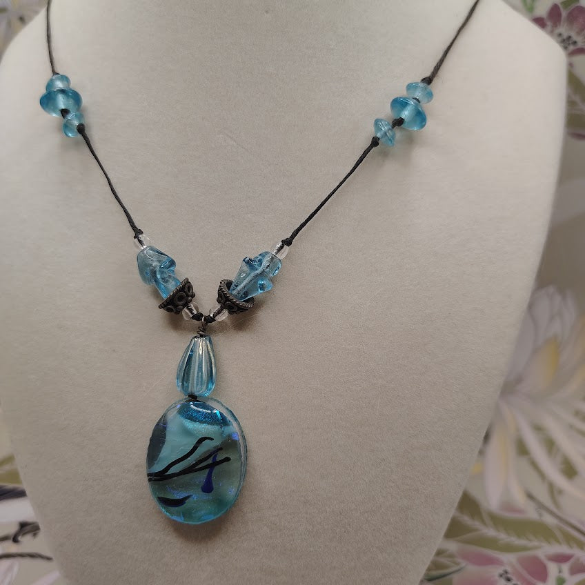 Vintage Artisan Blue Art Glass Pendant Necklace 22" Dichroic Foil Lampwork Bead #15