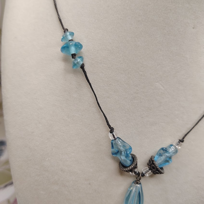 Vintage Artisan Blue Art Glass Pendant Necklace 22" Dichroic Foil Lampwork Bead #15