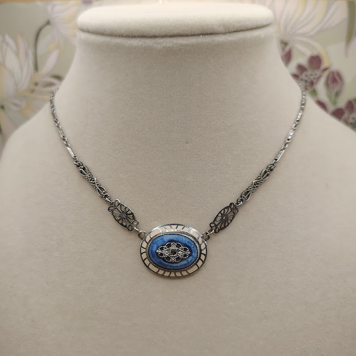 Vintage 1930s Art Deco Blue Satin Art Glass Enamel Marcasite Choker Necklace 16"#17