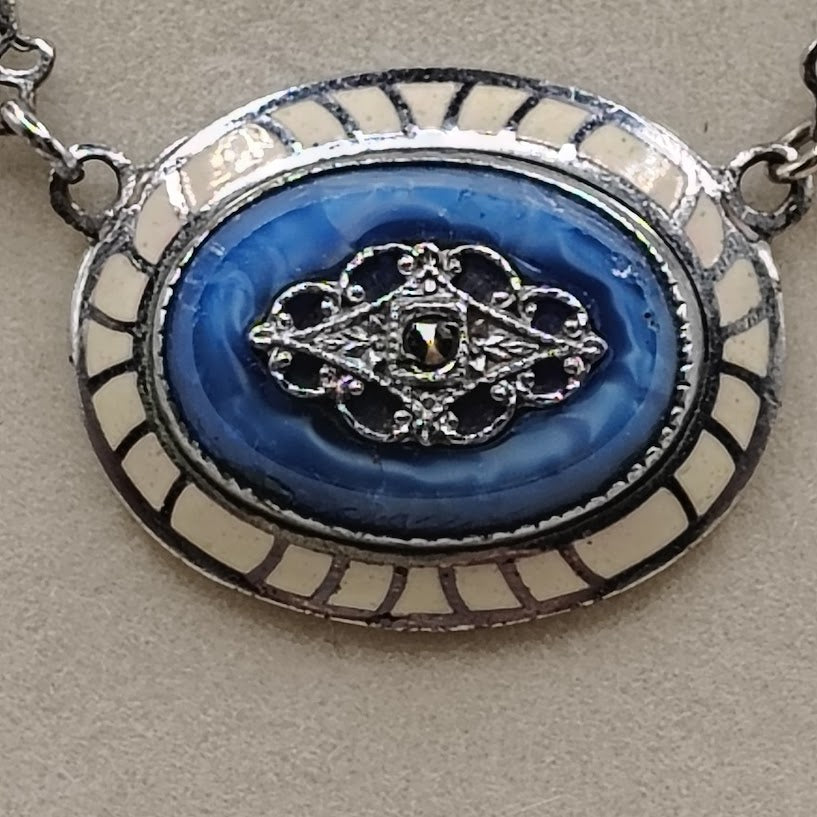 Vintage 1930s Art Deco Blue Satin Art Glass Enamel Marcasite Choker Necklace 16"#17