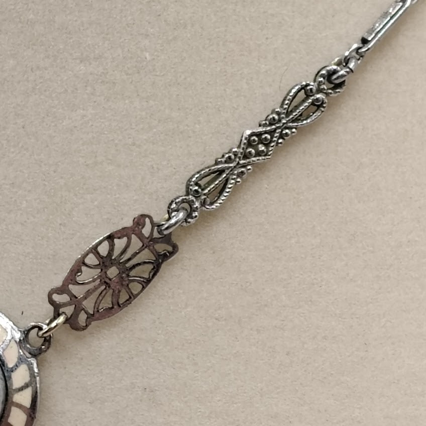 Vintage 1930s Art Deco Blue Satin Art Glass Enamel Marcasite Choker Necklace 16"#17