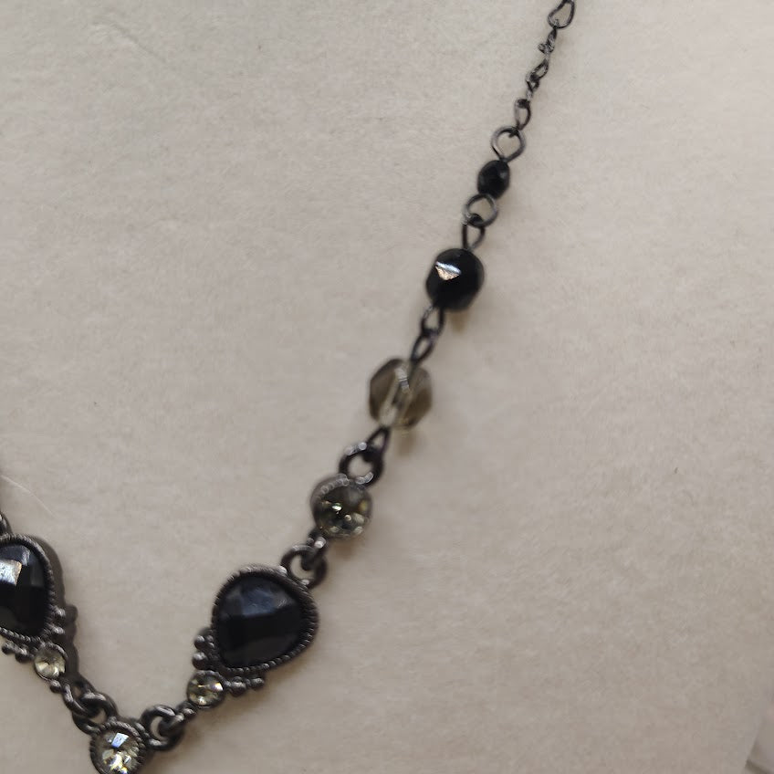 2028 Vintage Black Faceted Beaded Drop Necklace Gunmetal Tone 16" Adjustable#18