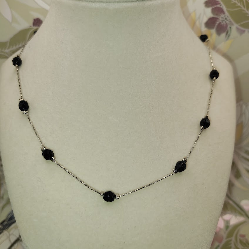 Sterling Silver 18" Station Necklace Faceted Black Onyx Diamond Cut Beads #19