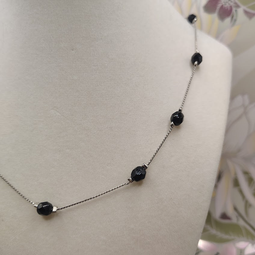 Sterling Silver 18" Station Necklace Faceted Black Onyx Diamond Cut Beads #19