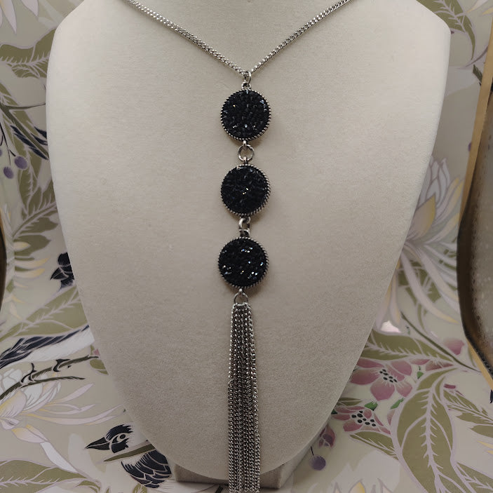 Paparazzi Triple Shimmer Black Rhinestone Silver Tassel Long Necklace 24"#20