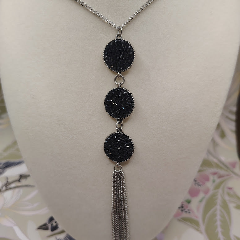 Paparazzi Triple Shimmer Black Rhinestone Silver Tassel Long Necklace 24"#20