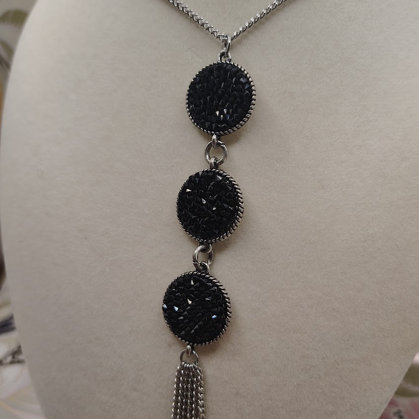 Paparazzi Triple Shimmer Black Rhinestone Silver Tassel Long Necklace 24"#20