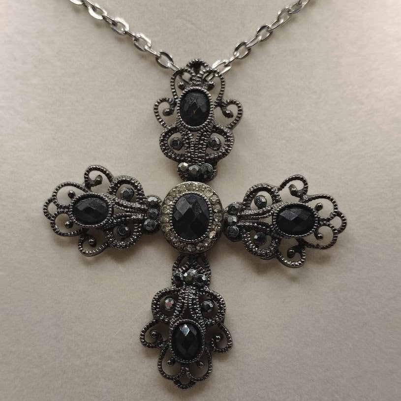Large Gothic Silver Tone Black Cabochon Cross Pendant Necklace 29" Statement#22