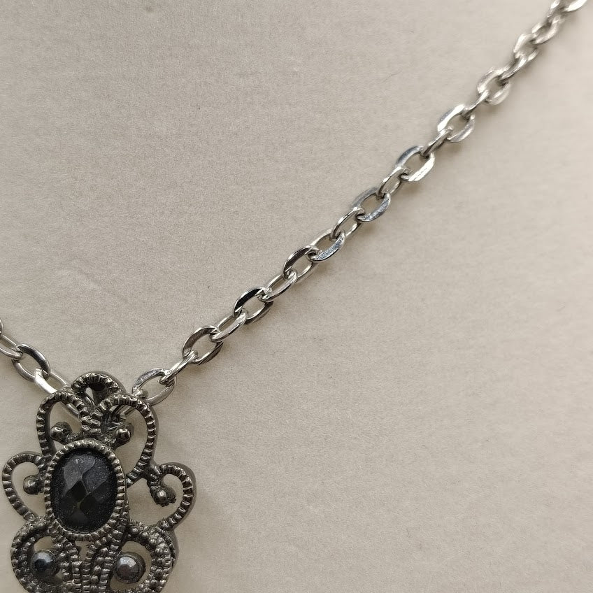 Large Gothic Silver Tone Black Cabochon Cross Pendant Necklace 29" Statement#22