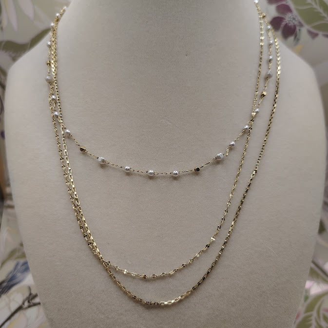 Triple Strand Gold Tone Layered Necklace 16" White Bead Station Dainty Tiered #26
