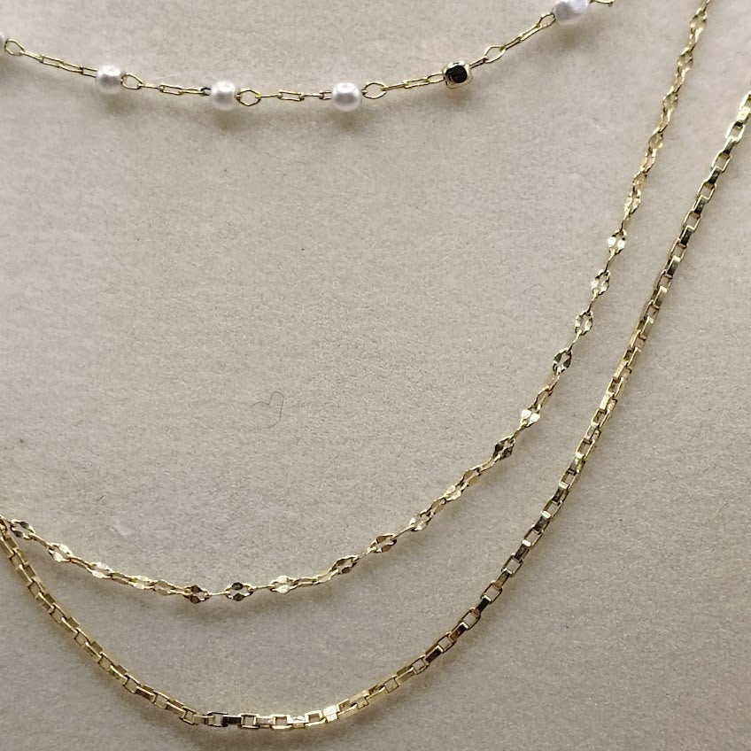 Triple Strand Gold Tone Layered Necklace 16" White Bead Station Dainty Tiered #26
