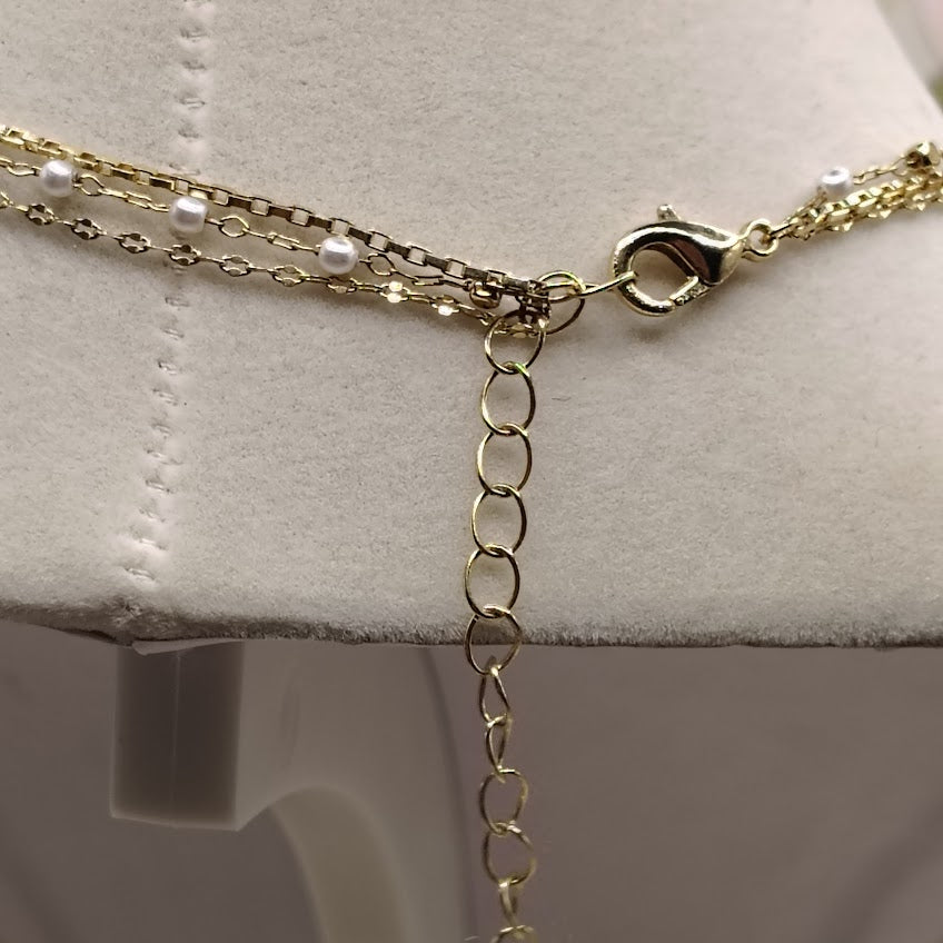 Triple Strand Gold Tone Layered Necklace 16" White Bead Station Dainty Tiered #26